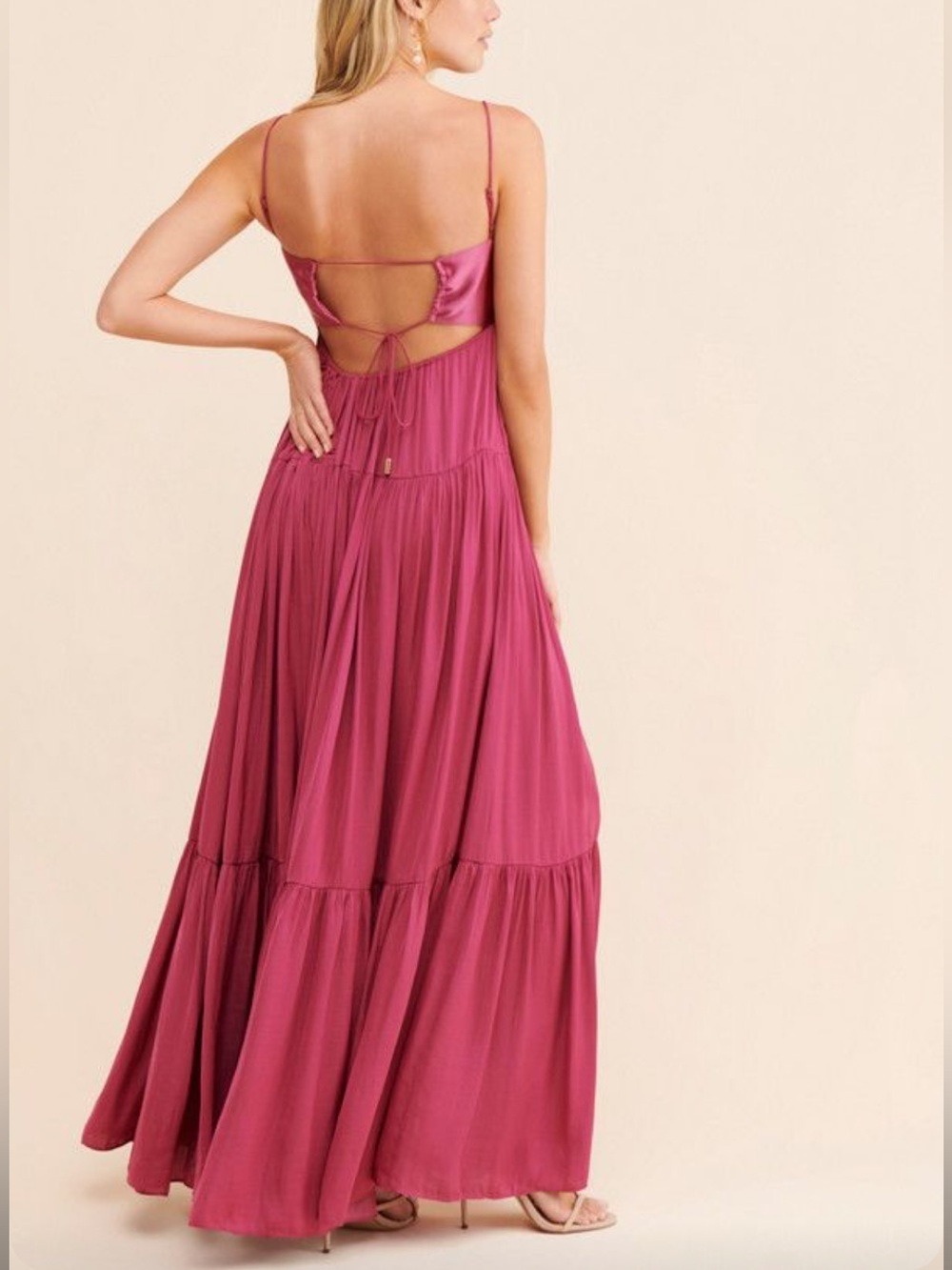 Free People Freya Berry Pink Satin Corset Tiered Maxi Dress M Coquette Fairycore - Picture 2 of 16